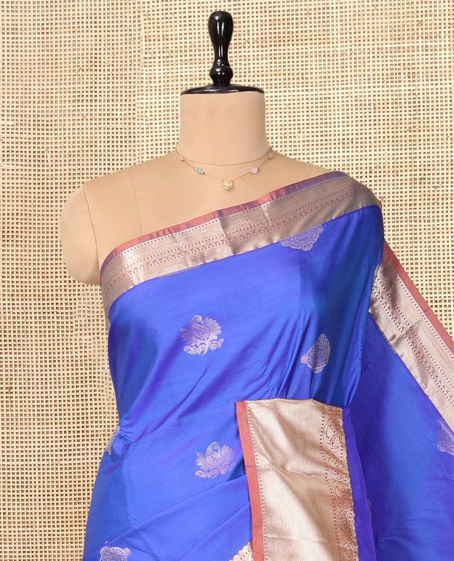 Blue Budget Silk Saree, Ornamented with Zari Buttas, Complemented by Contrast Floral Creeper Zari Border, Pallu of Jaal Designs, and Contrast Blouse