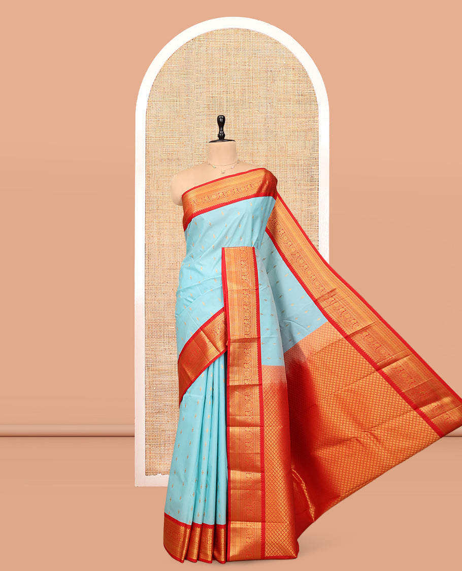 Violet Budget Silk Saree, Styled with Floral Zari Buttas, Complemented by a Contrast Traditional Zari Border, Grand Pallu, and Contrast Blouse