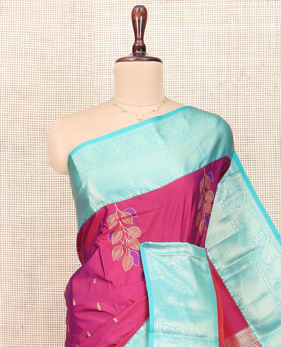 Magenta Budget Silk Saree, Subtly Enriched with Zari Buttas All Over Its Body, Complemented by a Contrast Traditional Zari Design Border of Paisleys, Grand Pallu of Jaal Designs, and Paired with a Contrast Blouse