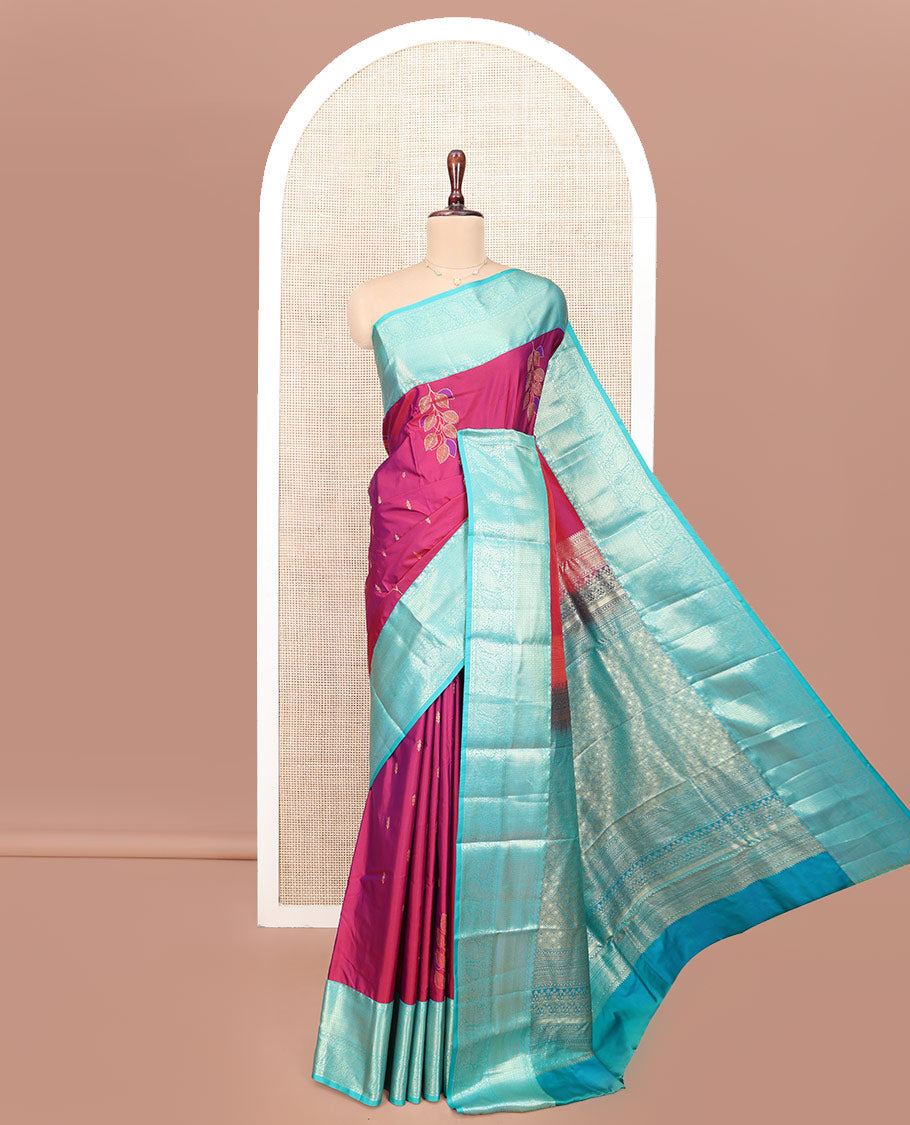 Magenta Budget Silk Saree, Subtly Enriched with Zari Buttas All Over Its Body, Complemented by a Contrast Traditional Zari Design Border of Paisleys, Grand Pallu of Jaal Designs, and Paired with a Contrast Blouse