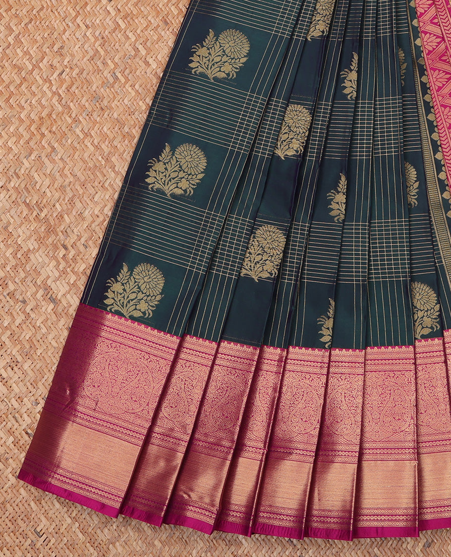 Green Budget Silk Saree, Subtly Sparkled With Zari Butta Enclosed Checks On Its Body, Complemented by Contrast Traditional Zari Designs Woven Border, Grand Pallu and Paired with a Contrast Blouse