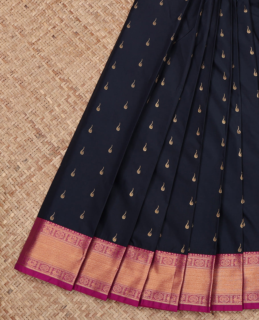 Navy Blue Budget Silk Saree, Decked Up with Zari Buttas All Over Its Body, Complemented by a Contrast Traditional Zari Peacock-Chakram Border, Grand Jaal Pallu, and Paired with a Contrast Blouse