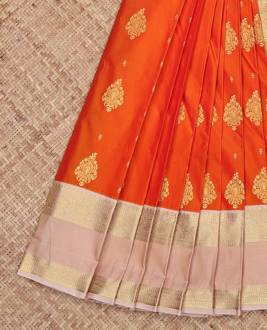 Orange Budget Silk Saree, Embellished with Zari Buttas on Its Body, Complemented by a Contrast Traditional Zari Design Rettai Pettu Border, Intricately Designed Pallu, and Paired with a Contrast Blouse
