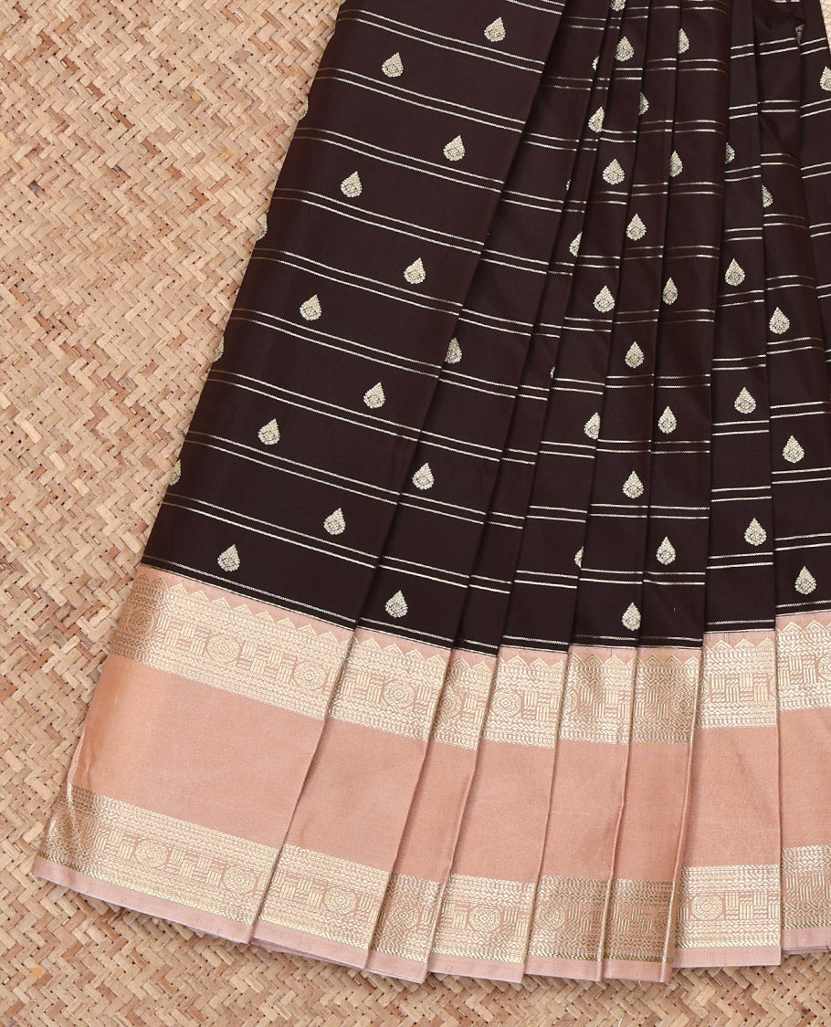 Chocolate Brown Budget Silk Saree, Richly Detailed with Zari Buttas and Stripes on Its Body, Complemented by a Contrast Traditional Zari Design Rettai Pettu Border, Pallu of Jaal Designs, and Paired with a Contrast Blouse
