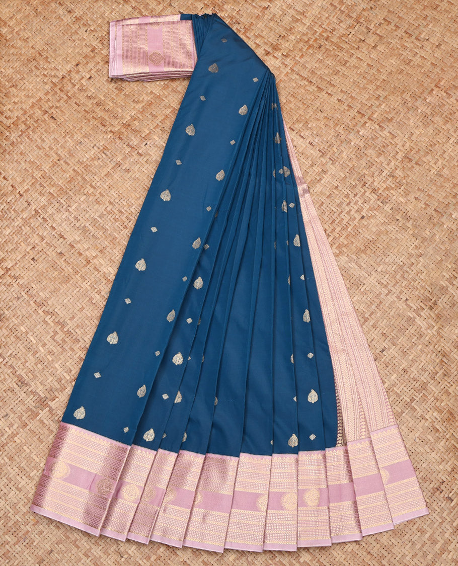 Blue Budget Silk Saree, Decked Up with Zari Buttas, Complemented by a Contrast Traditional Zari Design Border, Geometric Pallu, and a Contrast Blouse