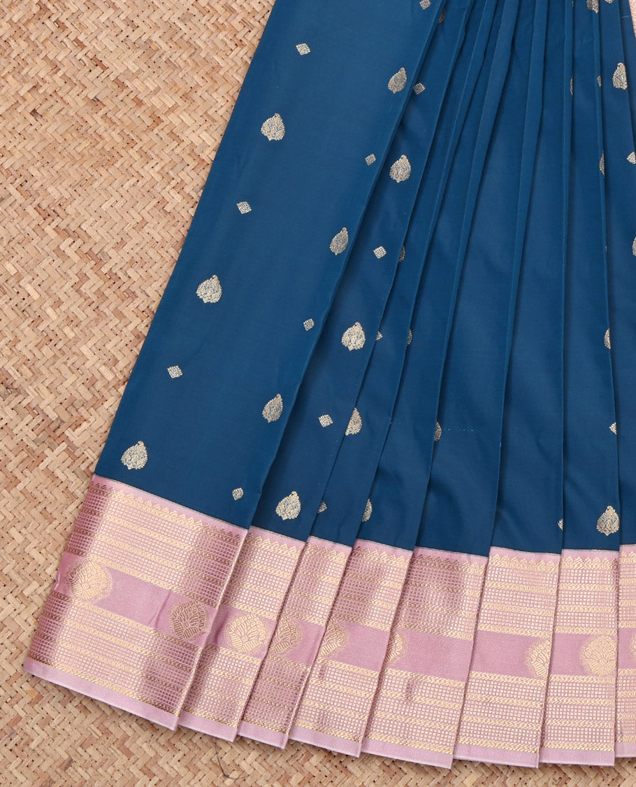 Blue Budget Silk Saree, Decked Up with Zari Buttas, Complemented by a Contrast Traditional Zari Design Border, Geometric Pallu, and a Contrast Blouse