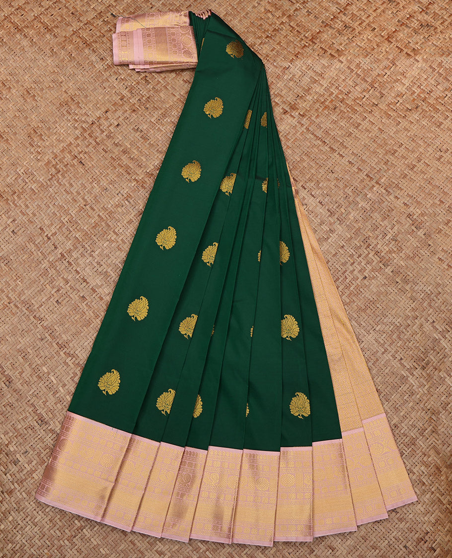Green Budget Silk Saree, Spotlighted with Zari Buttas, Complemented by Contrast Traditional Border, Grand Pallu and a Contrast Blouse