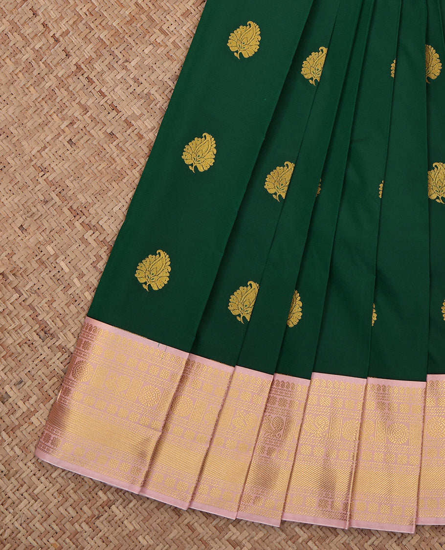 Green Budget Silk Saree, Spotlighted with Zari Buttas, Complemented by Contrast Traditional Border, Grand Pallu and a Contrast Blouse