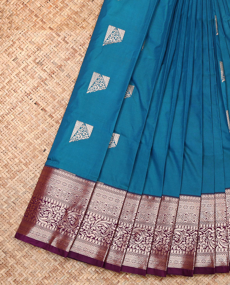 Blue Budget Silk Saree, Beautified with Zari Buttas, Complemented by a Contrast Traditional Zari Border, Pallu Steeped with Paisleys, and a Contrast Blouse