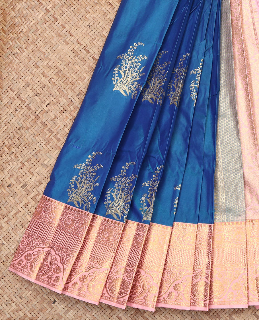 Blue Budget Silk Saree, Embellished with Zari Buttas, Contrast Traditional Zari Border, Grand Pallu, and a Contrast Blouse