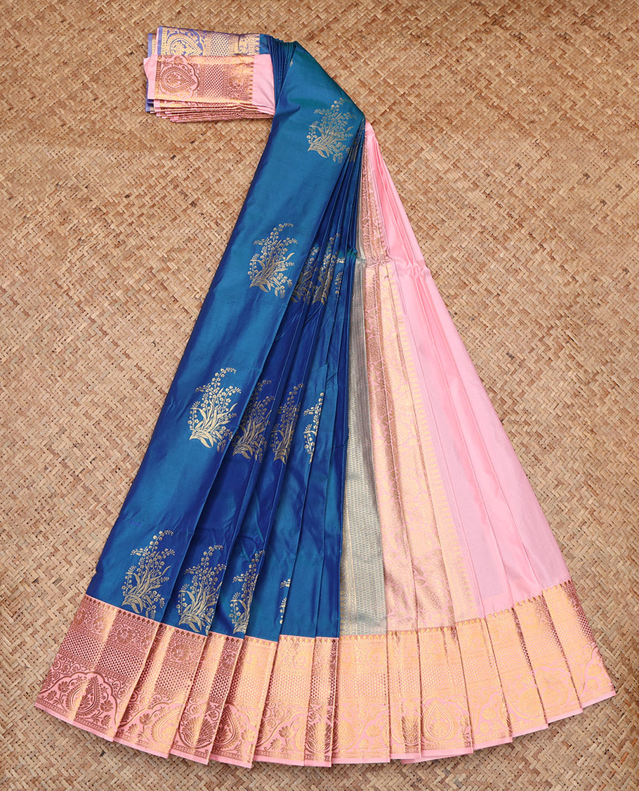 Blue Budget Silk Saree, Embellished with Zari Buttas, Contrast Traditional Zari Border, Grand Pallu, and a Contrast Blouse