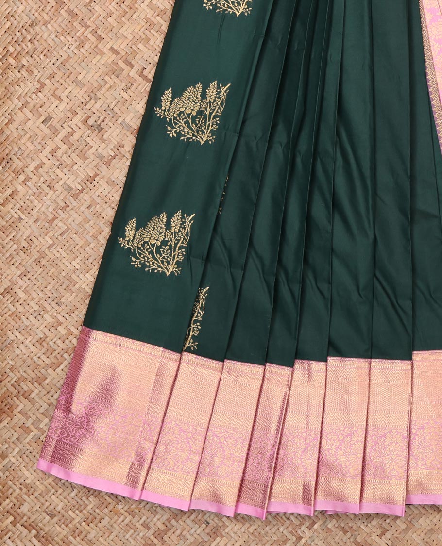 Deep Green Budget Silk Saree, Highlighted by Zari Buttas, Complemented by Contrast Traditional Zari Border, Grand Pallu and a Contrast Blouse