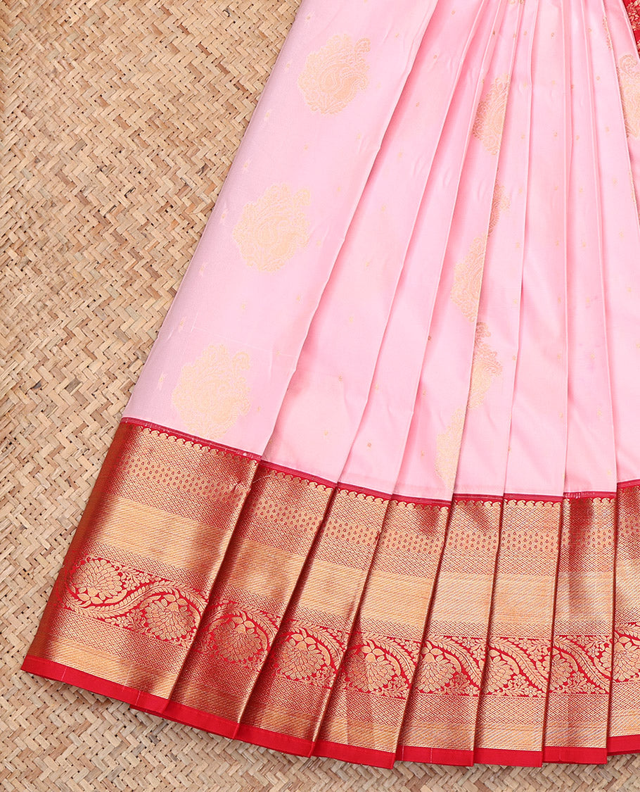Pink Budget Silk Saree, Subtly Sparkled with Zari Buttas, Complemented by Contrast Tradittional Zari Border, Grand Pallu, and a Contrast Blouse