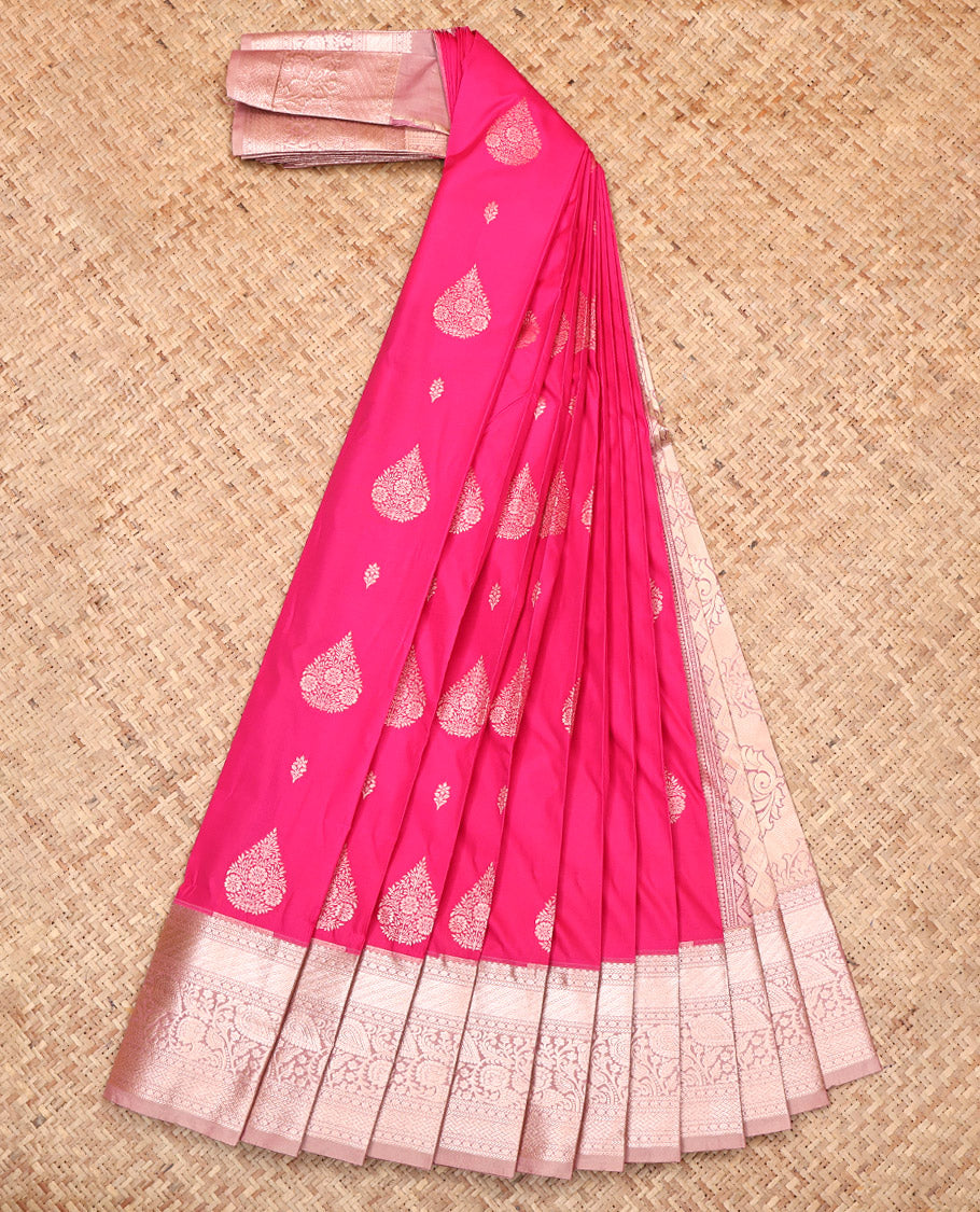 Pink Budget Silk Saree, Adorned with Zari Buttas, Complemented by a Contrast Traditional Zari Border, Jaal Pallu, and a Contrast Blouse