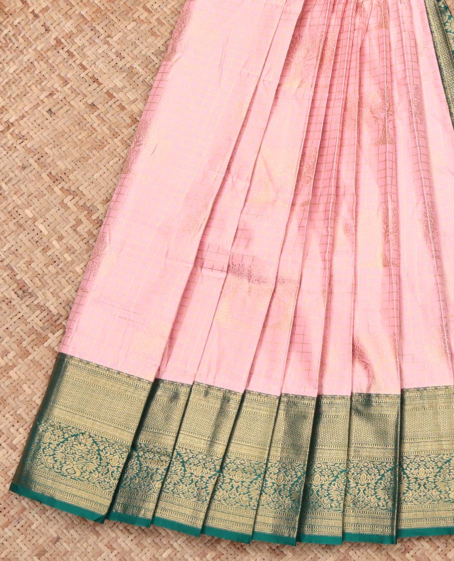 Pink Budget Silk Saree, Graced with Zari Buttas and Checks, Complemented by Contrast Traditional Zari Border, Intricate Pallu, and Contrast Blouse