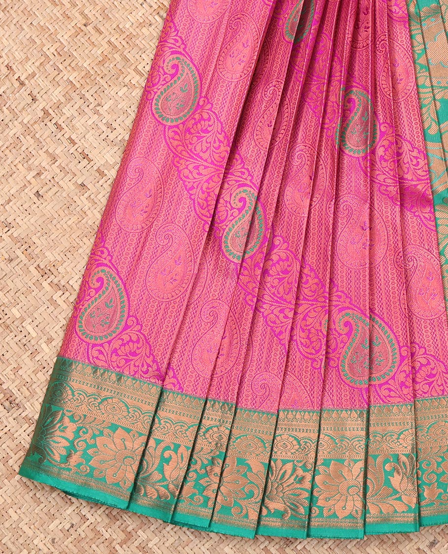 Pink Budget Silk Saree, Detailed with Jacquard Design, Complemented by a Contrast Floral Creeper Zari Border, Grand Pallu, and a Contrast Blouse