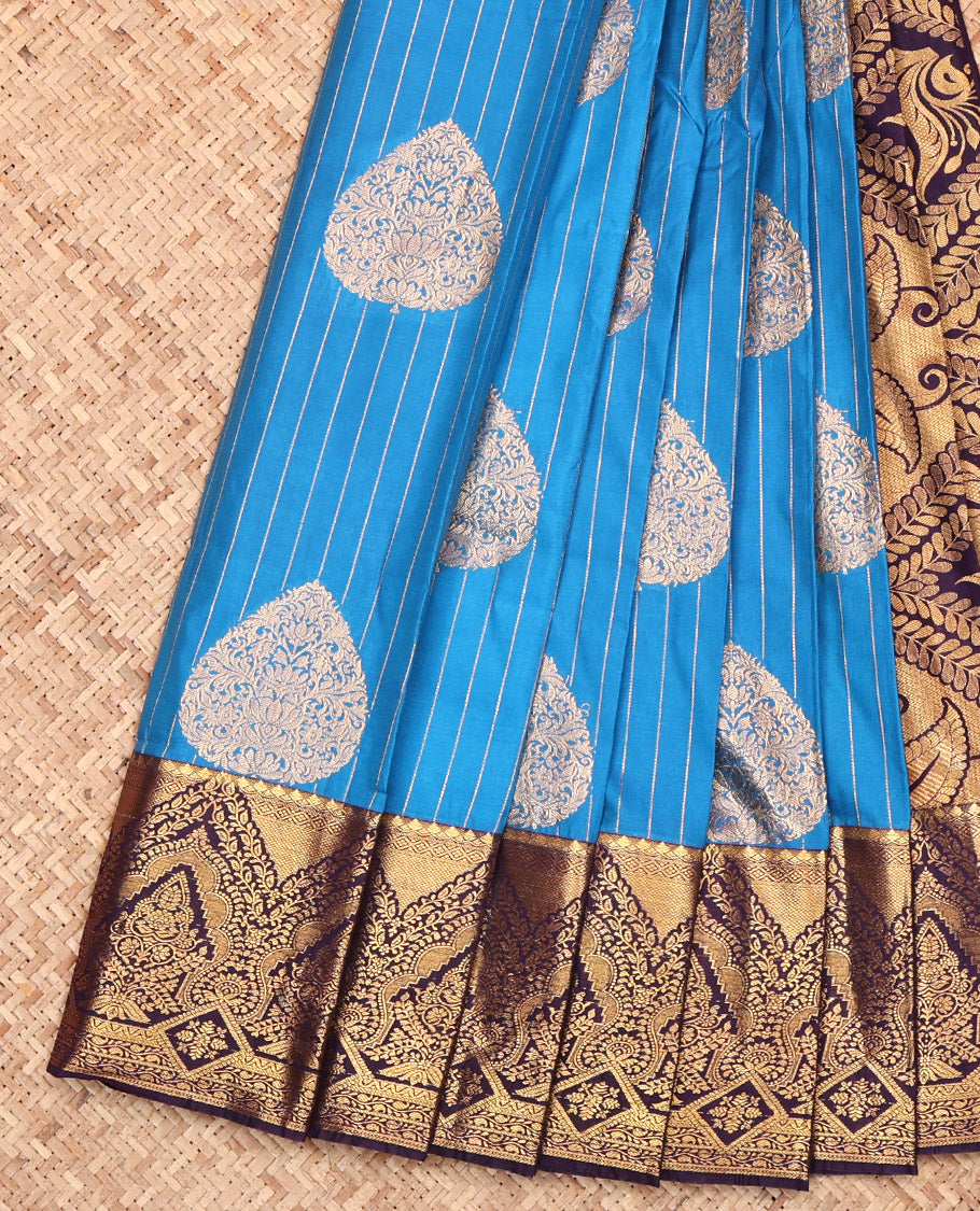 Blue Budget Silk Saree, Finely Crafted with Zari Buttas and Stripes, Complemented by a Contrast Traditional Border, Grand Pallu, and a Contrast Blouse
