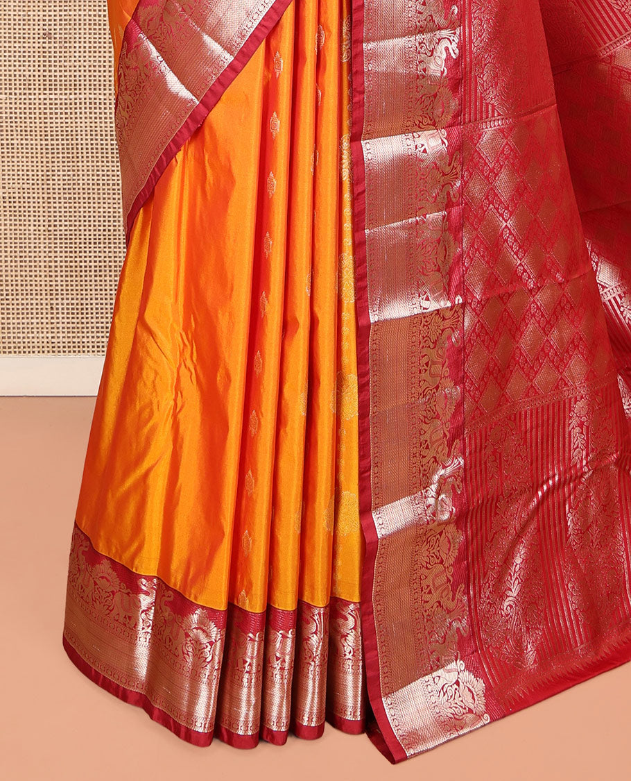 Orange Budget Silk Saree, Detailed with Zari Buttas, Complemented by a Contrast Traditional Border, Pallu of Jaal and Paisleys, and a Contrast Blouse