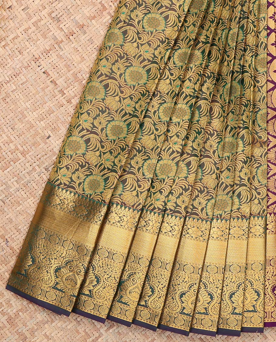 Green Dual-Tone Budget Silk Saree, Graced with Floral Jacquard Design, Complemented by Contrast Traditional Zari Border, a Jaal Pallu and a Contrast Blouse