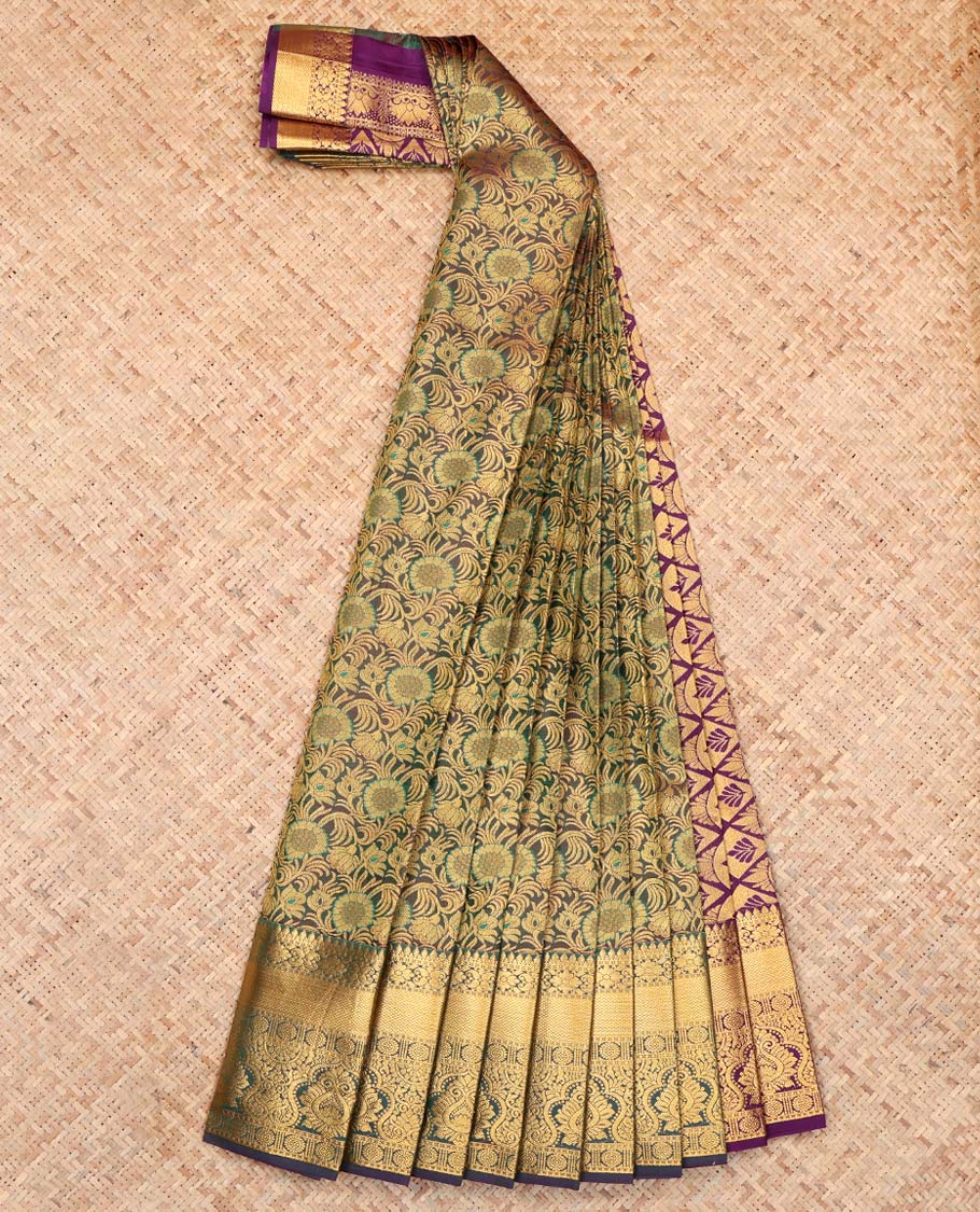 Green Dual-Tone Budget Silk Saree, Graced with Floral Jacquard Design, Complemented by Contrast Traditional Zari Border, a Jaal Pallu and a Contrast Blouse