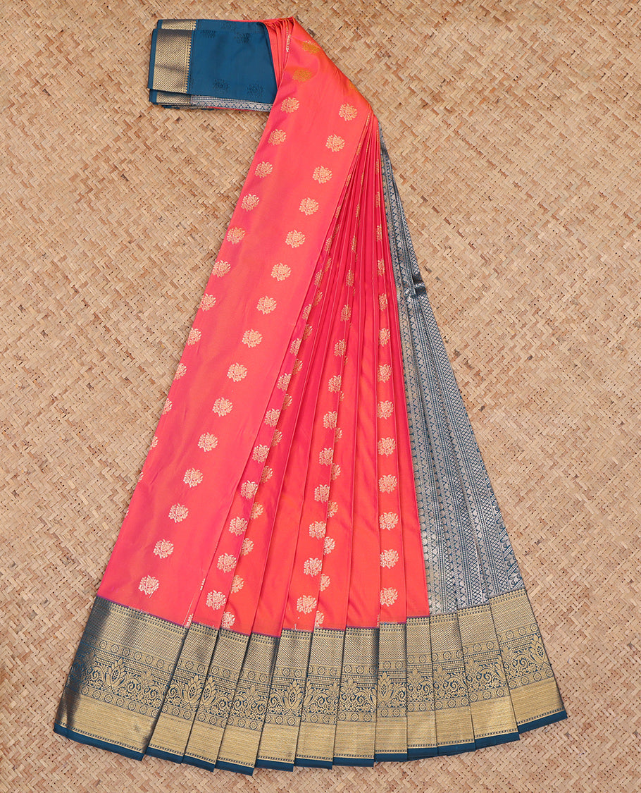 Orange Budget Silk Saree, Adorned with Zari Buttas, Complemented by a Contrast Traditional Zari Border, Grand Pallu, and a Contrast Blouse