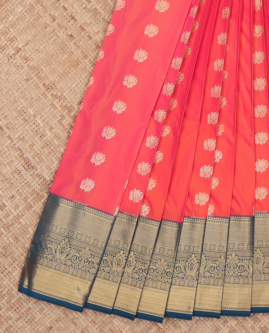 Orange Budget Silk Saree, Adorned with Zari Buttas, Complemented by a Contrast Traditional Zari Border, Grand Pallu, and a Contrast Blouse