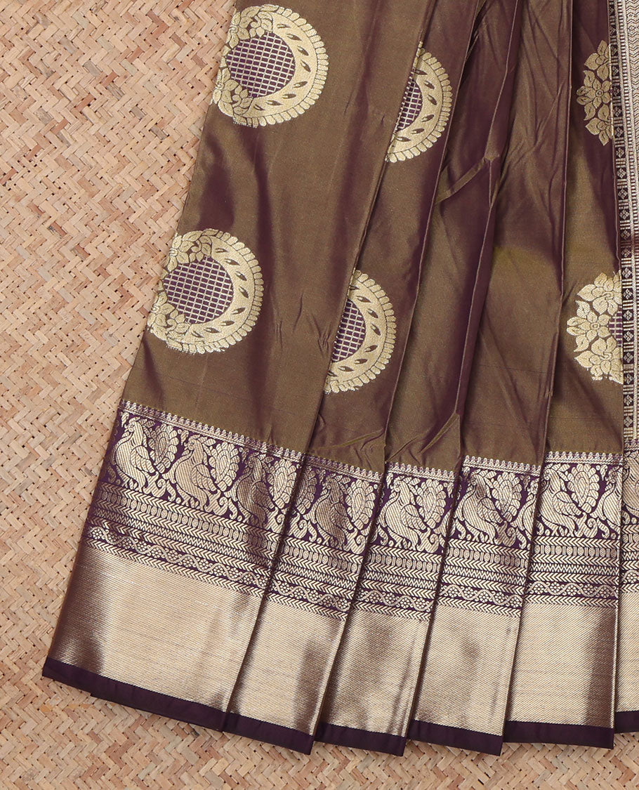 Brown Budget Silk Saree, Enhaced with Floral-Circular Buttas, a Contrast Traditional Peacock Zari Border, a Grand Pallu and a Contrast Blouse