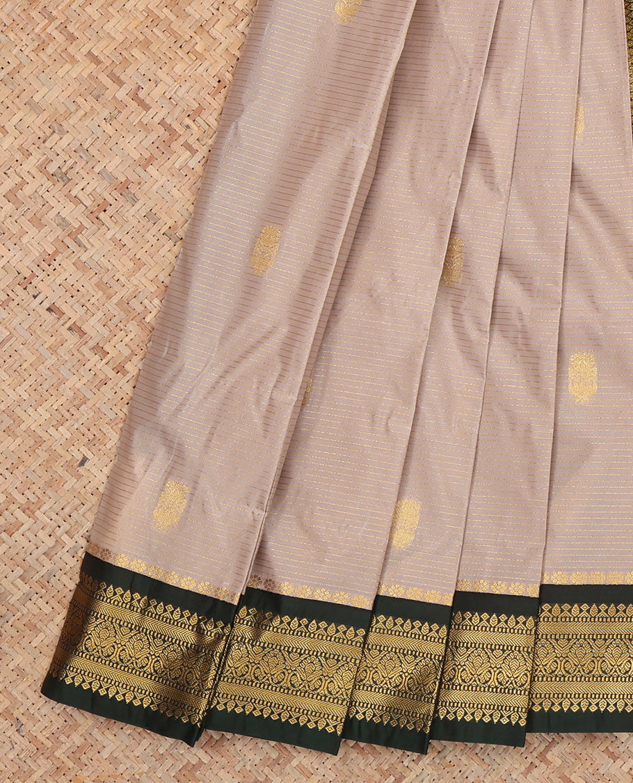 Grey Budget Silk Saree, Adorned with Zari Buttas and Stripes, Complemented by Contrast Traditional Zari Border, a Jaal Pallu and a Contrast Blouse