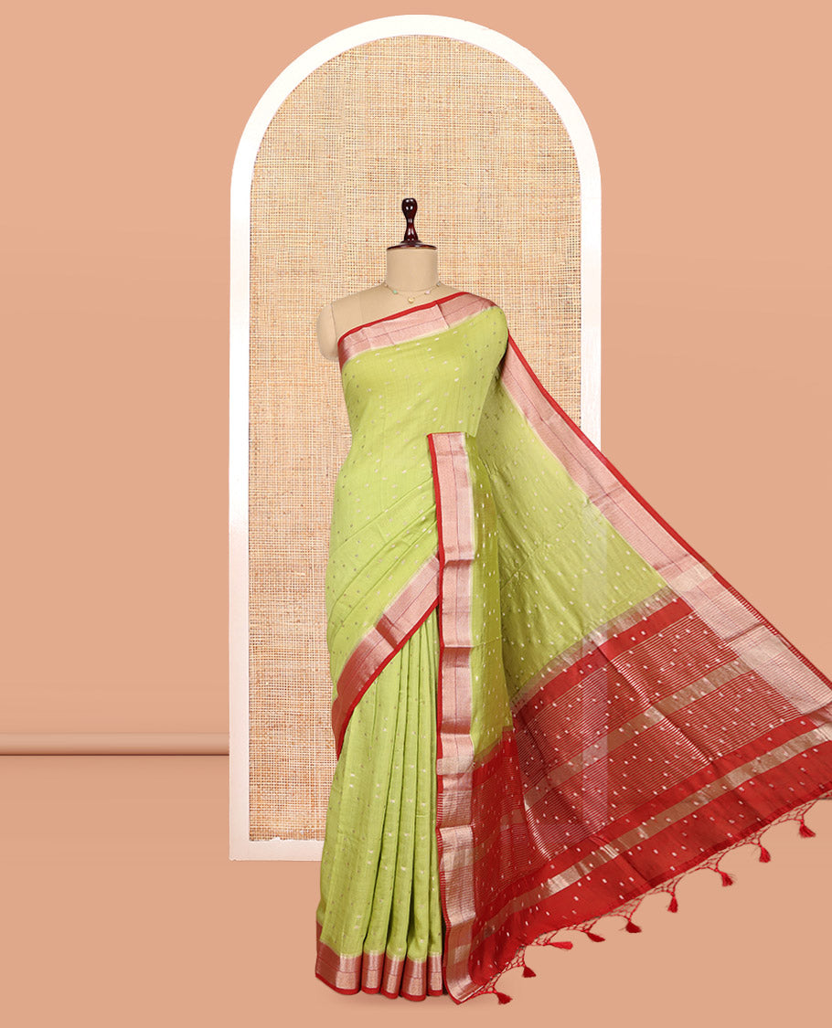 Green Assam Silk Saree, Graced with Zari Buttas, Complemented by Contrast Traditional Zari Border, Zari Woven Pallu, and Contrast Blouse