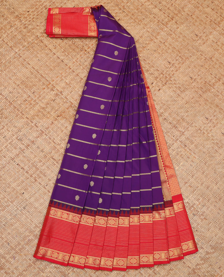 Purple Budget Silk Saree, Majestically Detailed with Zari Buttas and Stripes, a Contrast Traditional Zari Border, Jaal Pallu, and a Contrast Blouse