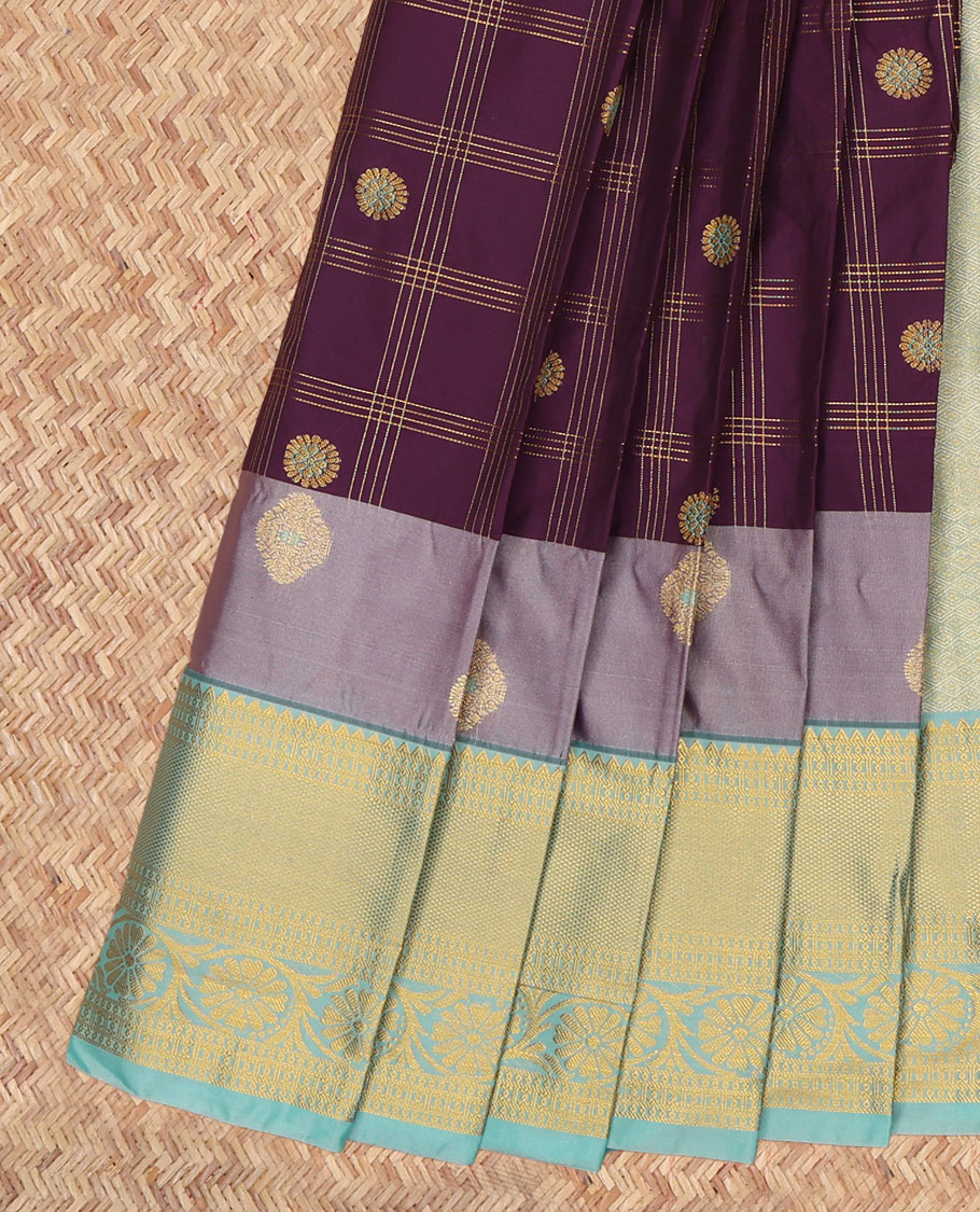 Purple Budget Silk Saree, Elevated with Zari Buttas Enclosed Checks, a Contrast Traditional Zari Border, Grand Pallu, and a Contrast Blouse