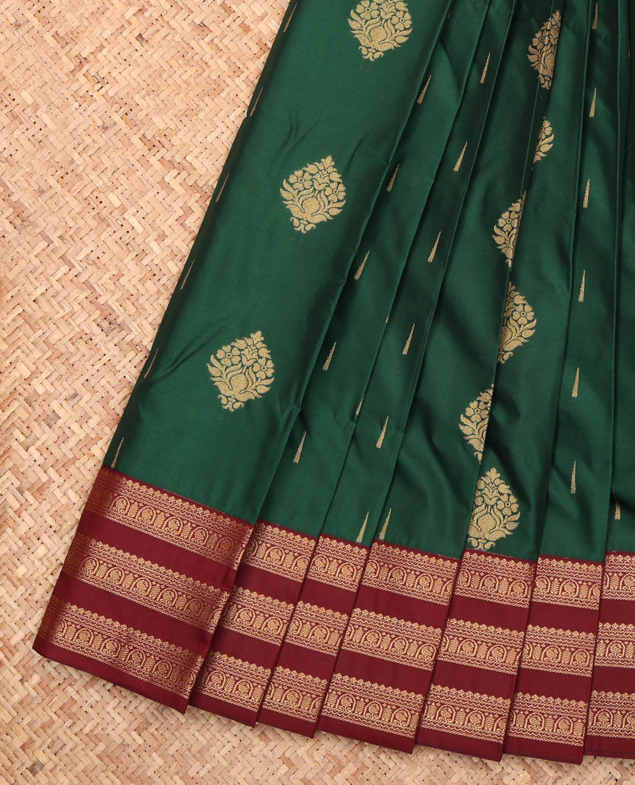 Green Budget Silk Saree, Detailed with Zari Buttas, a Contrast Traditional Zari Border, Intricate Pallu, and a Contrast Blouse