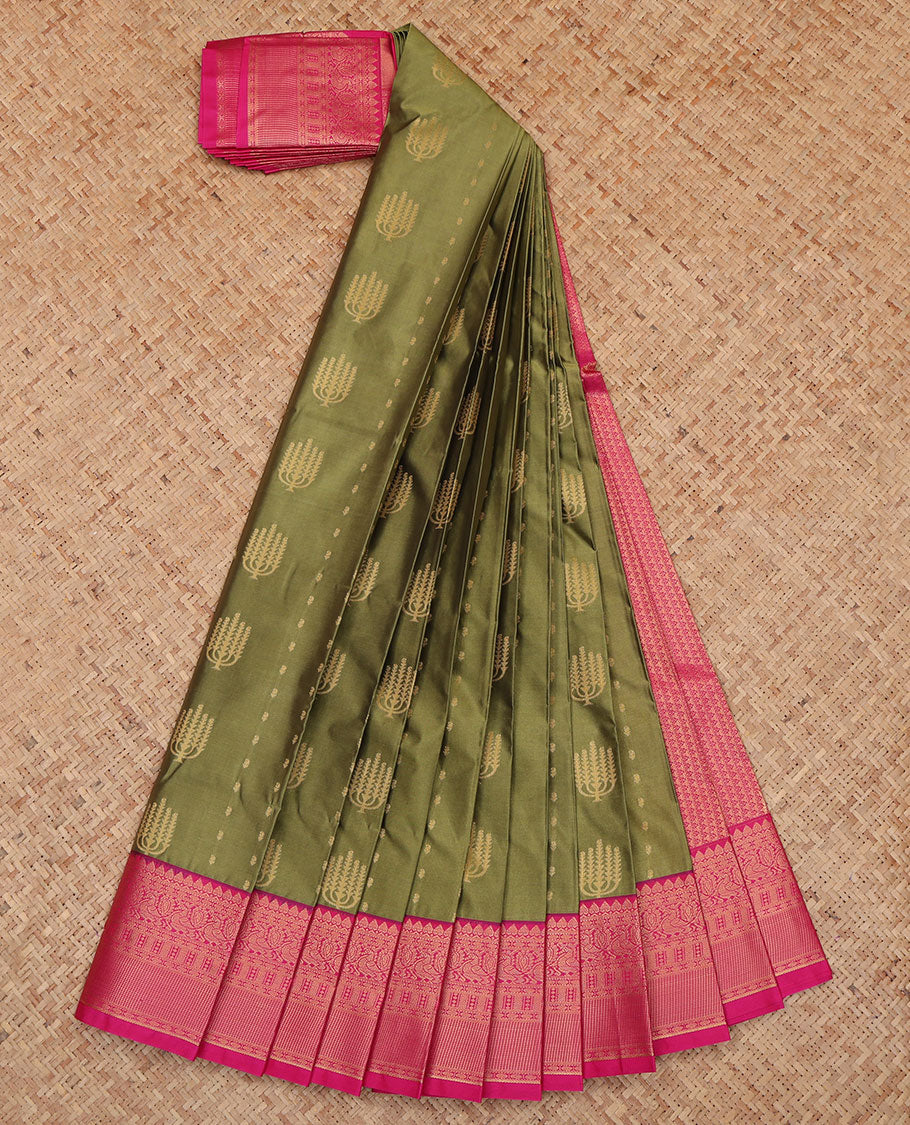 Green Budget Silk Saree Showcasing Zari Buttas, a Contrast Traditional Zari Border, Grand Pallu, and a Contrast Blouse