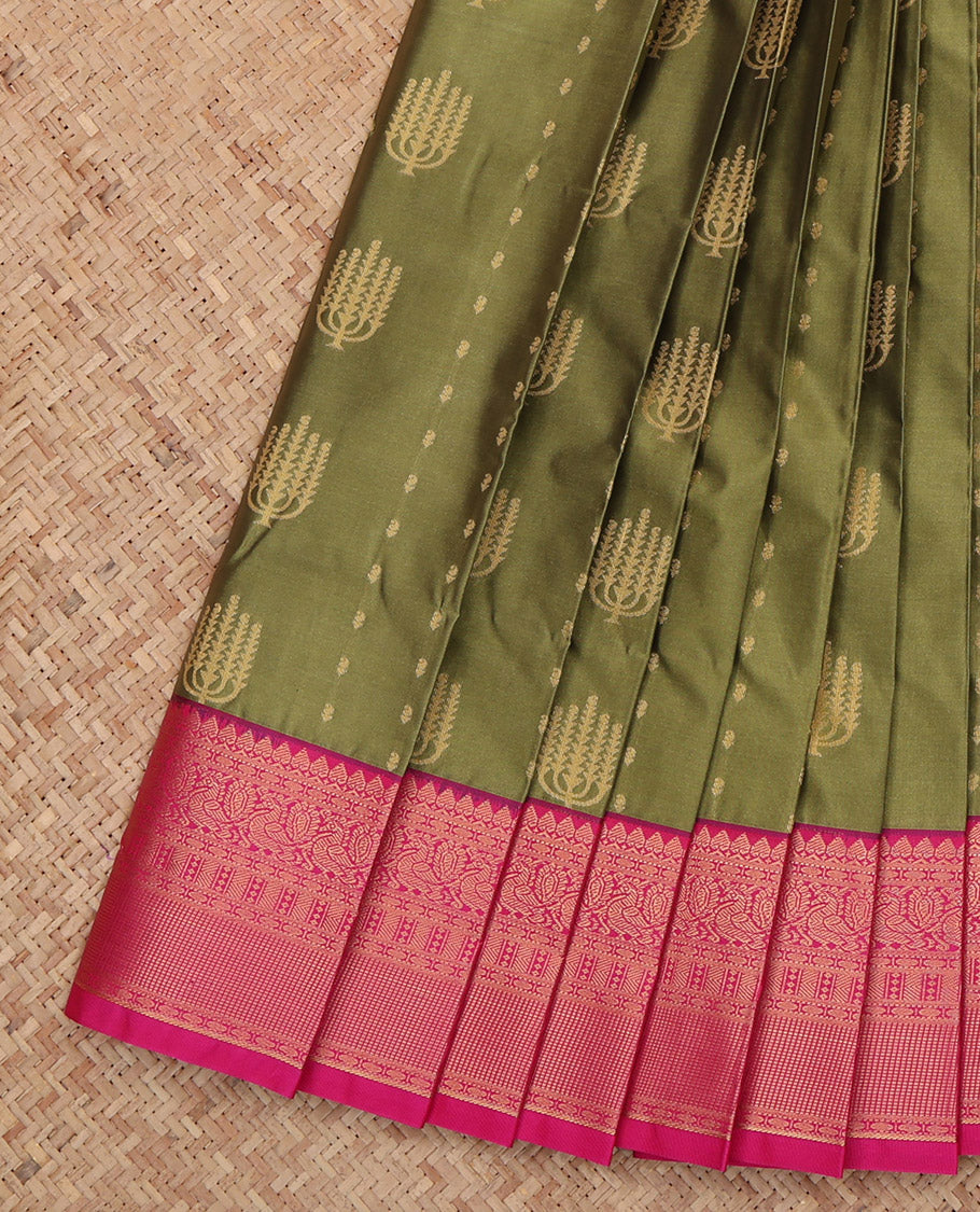 Green Budget Silk Saree Showcasing Zari Buttas, a Contrast Traditional Zari Border, Grand Pallu, and a Contrast Blouse
