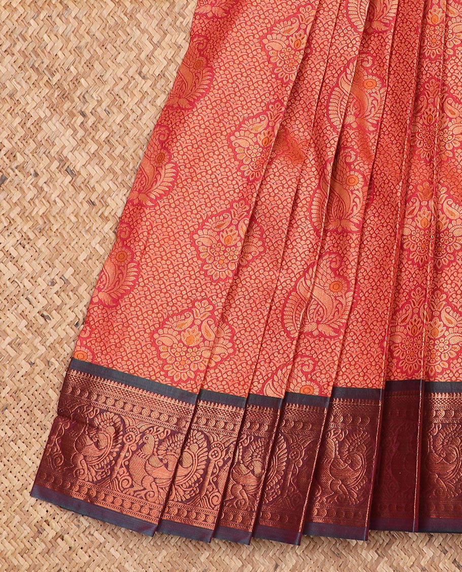 Red jacquard gift saree, contrast traditional zari rettai pettu border, and zari-rich jaal pallu