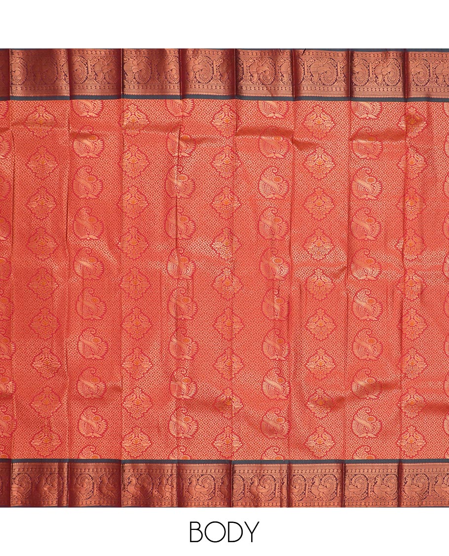 Red jacquard gift saree, contrast traditional zari rettai pettu border, and zari-rich jaal pallu