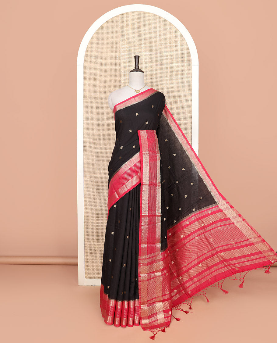 Black peacock buttas Assam silk saree, contrast traditional zari border, and pallu of zari designs