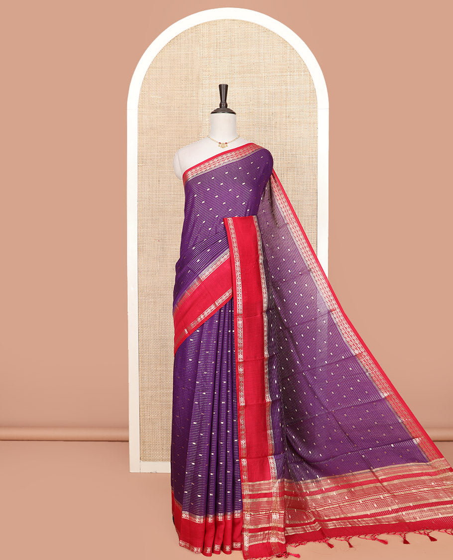 Purple Assam Silk Saree Woven with Zari Buttas and Stripes, Complemented by a Contrast Traditional Zari Design Border, a Captivating Pallu Featuring Zari Designs, and Paired with a Contrast Blouse