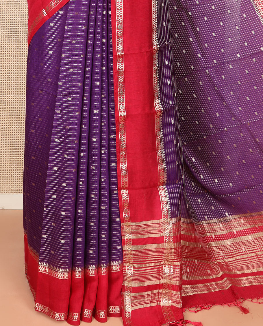Purple Assam Silk Saree Woven with Zari Buttas and Stripes, Complemented by a Contrast Traditional Zari Design Border, a Captivating Pallu Featuring Zari Designs, and Paired with a Contrast Blouse