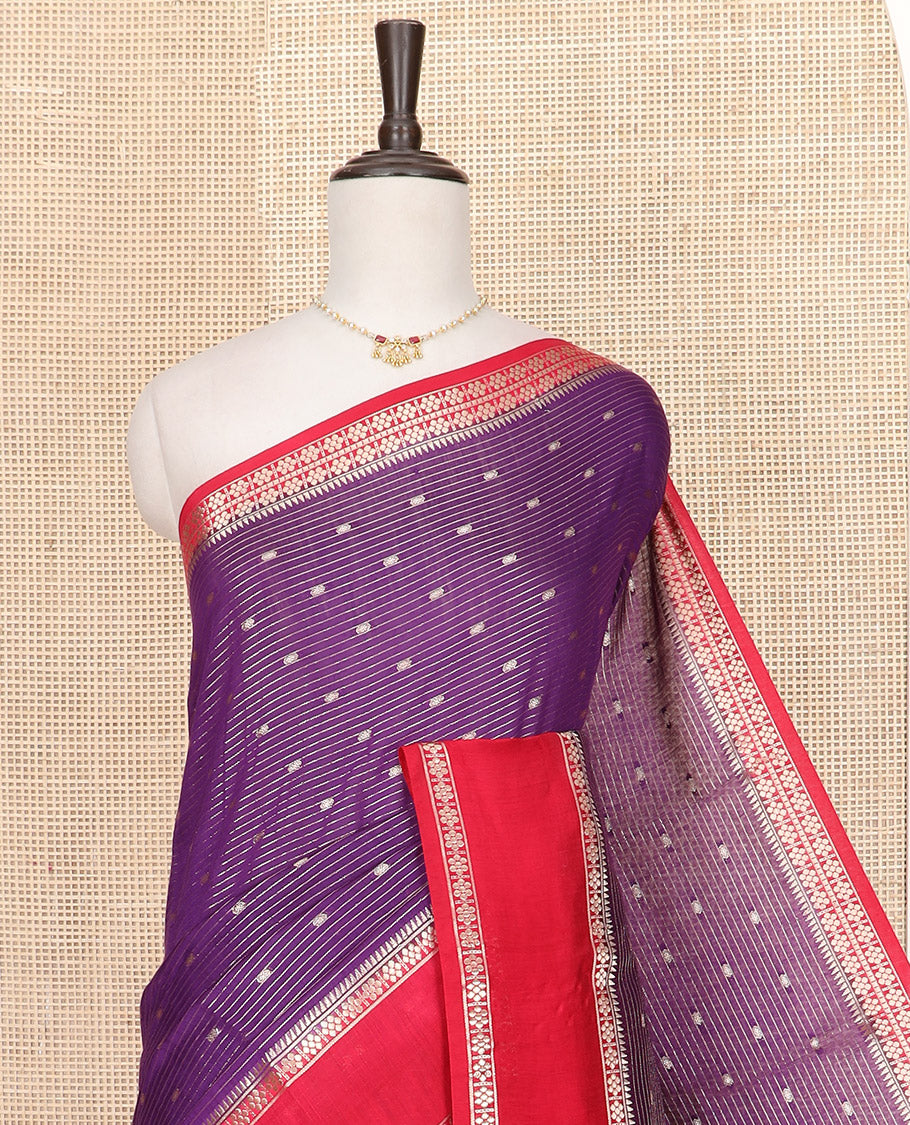 Purple Assam Silk Saree Woven with Zari Buttas and Stripes, Complemented by a Contrast Traditional Zari Design Border, a Captivating Pallu Featuring Zari Designs, and Paired with a Contrast Blouse