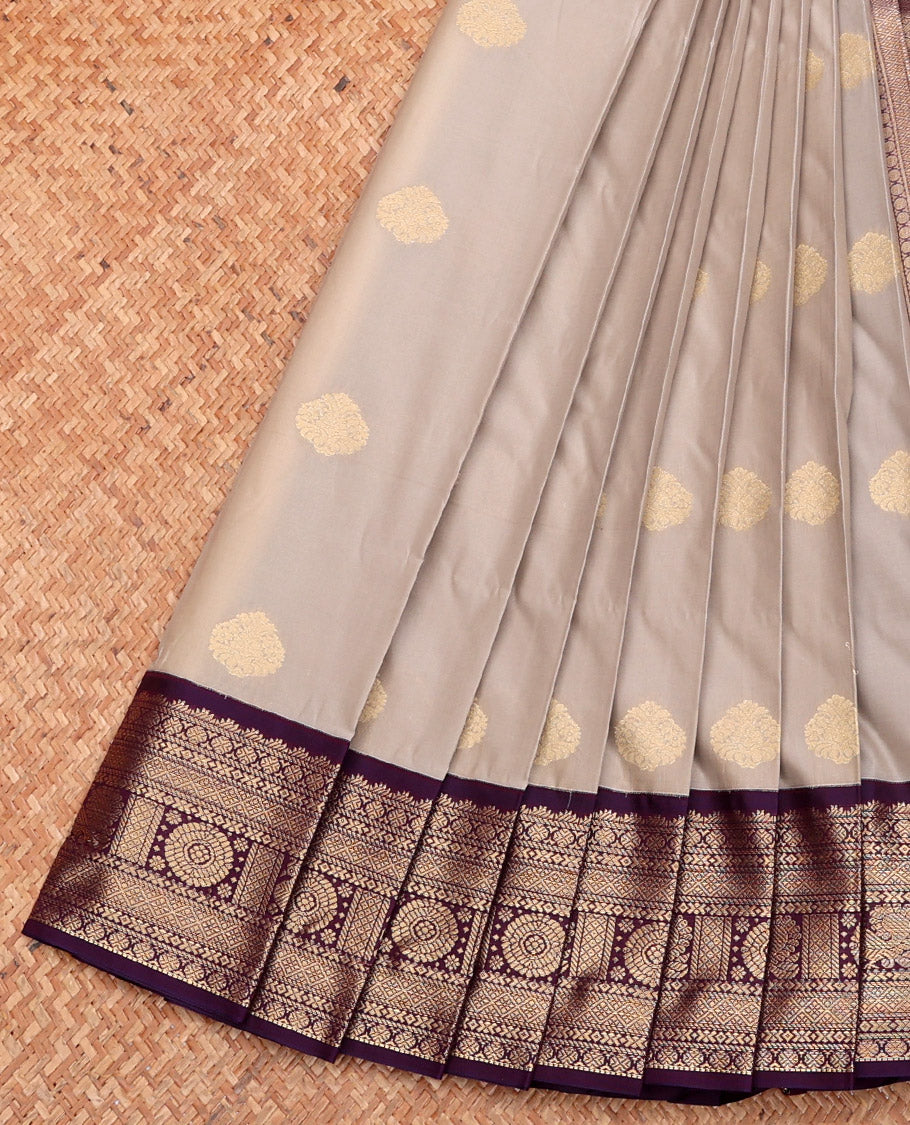 Grey Budget Silk Saree, Sparsely Sparkled with Zari Buttas, Complemented by a Contrast Traditional Zari Border, Grand Pallu, and Contrast Blouse