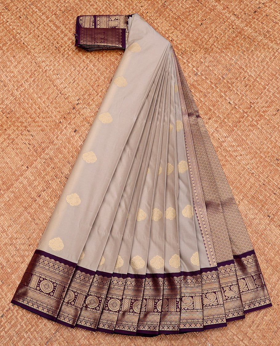 Grey Budget Silk Saree, Sparsely Sparkled with Zari Buttas, Complemented by a Contrast Traditional Zari Border, Grand Pallu, and Contrast Blouse