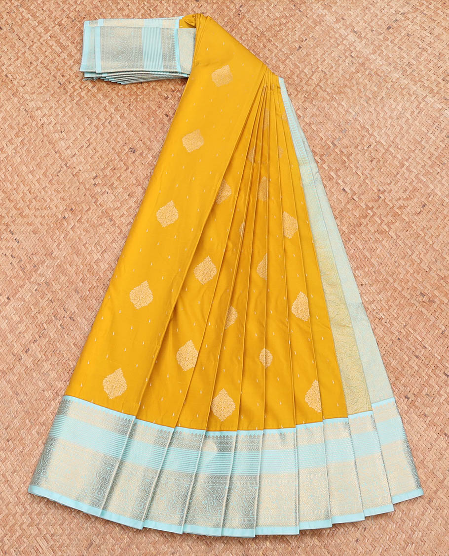 Yellow Budget Silk Saree, Sparsely Threaded with Zari Buttas, Complemented by a Contrast Traditional Zari Design Border, Grand Pallu, and a Contrast Blouse