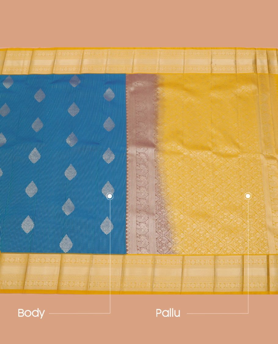 Blue striped and zari motifs budget silk saree, contrast traditional zari design border, and zari-rich jaal pallu