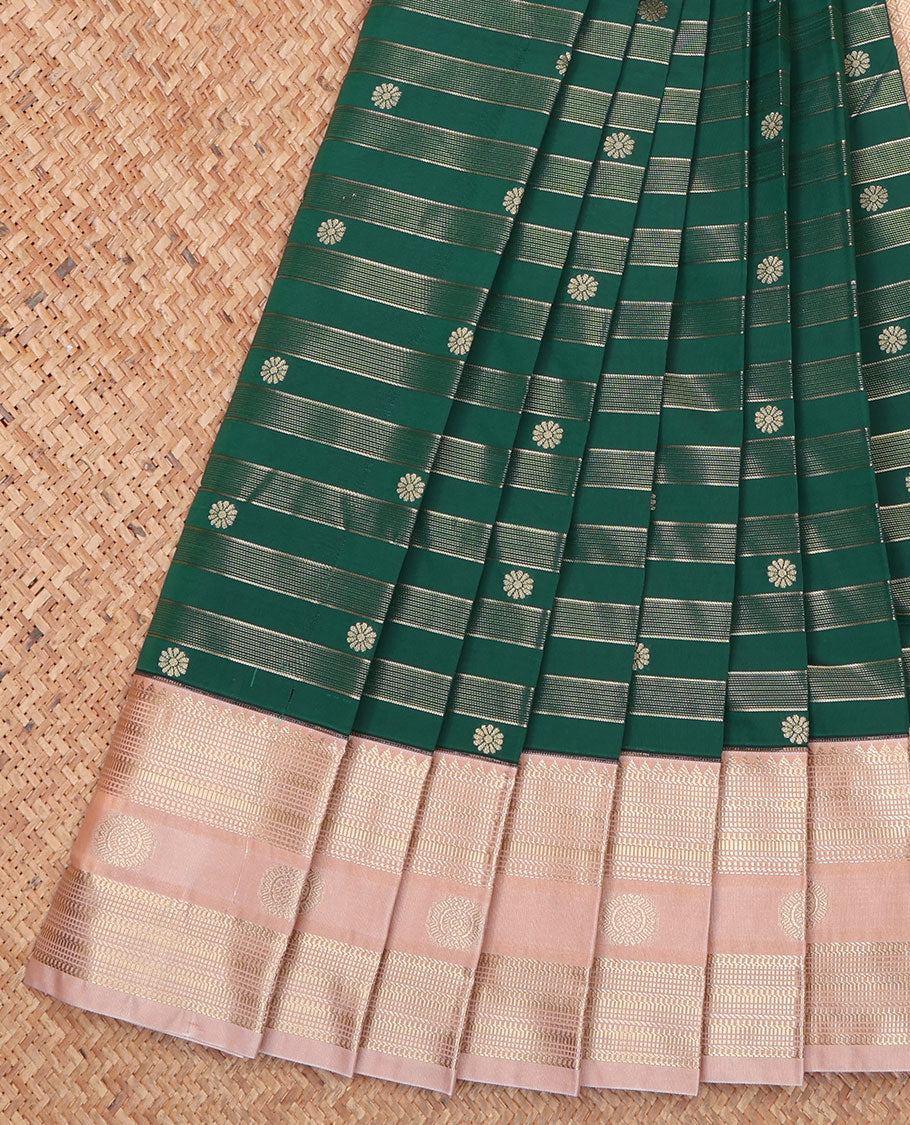 Green Budget Silk Saree, Bedecked with Zari Buttas and Stripes on Its Body, Complemented by a Contrast Traditional Zari Design Border, Jaal-Patterned Pallu, and Paired with a Contrast Blouse