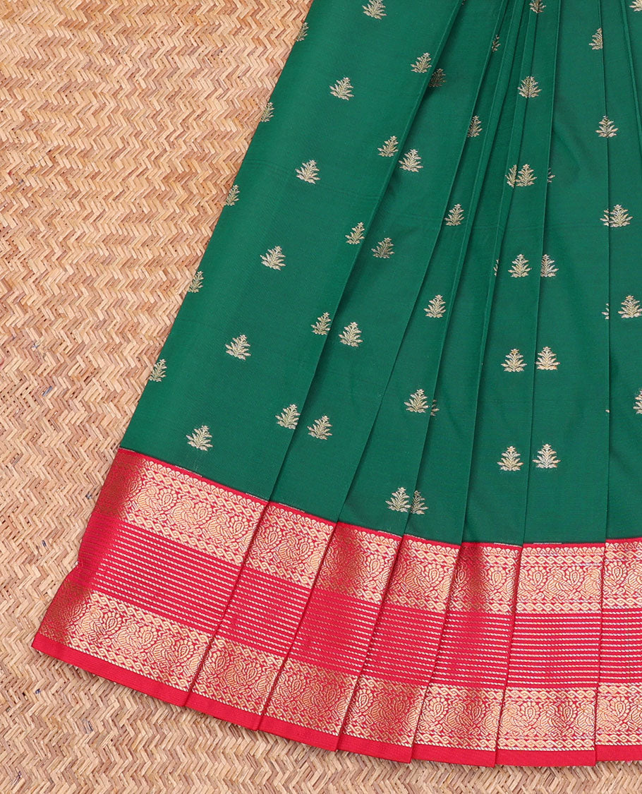 Green Budget Silk Saree, Highlighted by Zari Buttas, Complemented by a Contrast Traditional Border, Jaal Pallu, and a Contrast Blouse