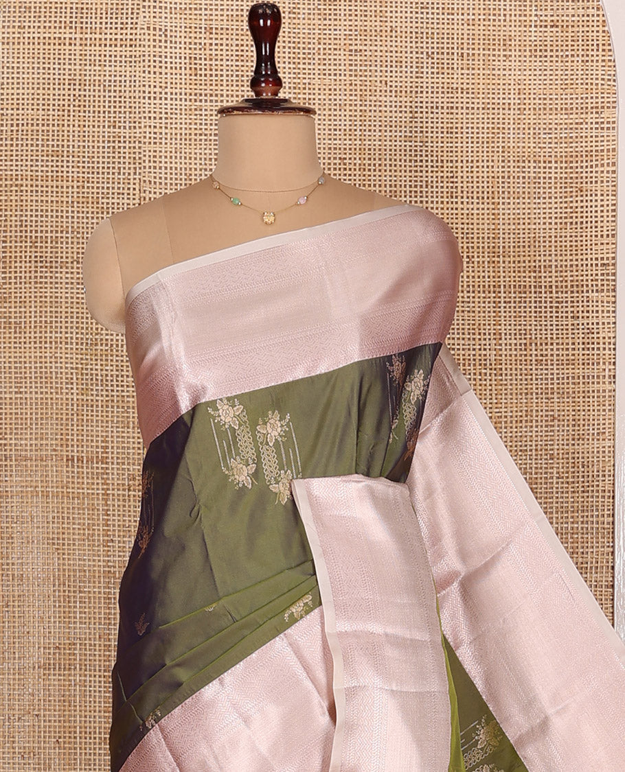Green Budget Silk Saree, Elevated with Zari Designs All Over Its Body, Complemented by a Contrast Border of Traditional Designs Woven in Zari, Pallu Detailed with Chevron Designs, and Paired with a Contrast Blouse