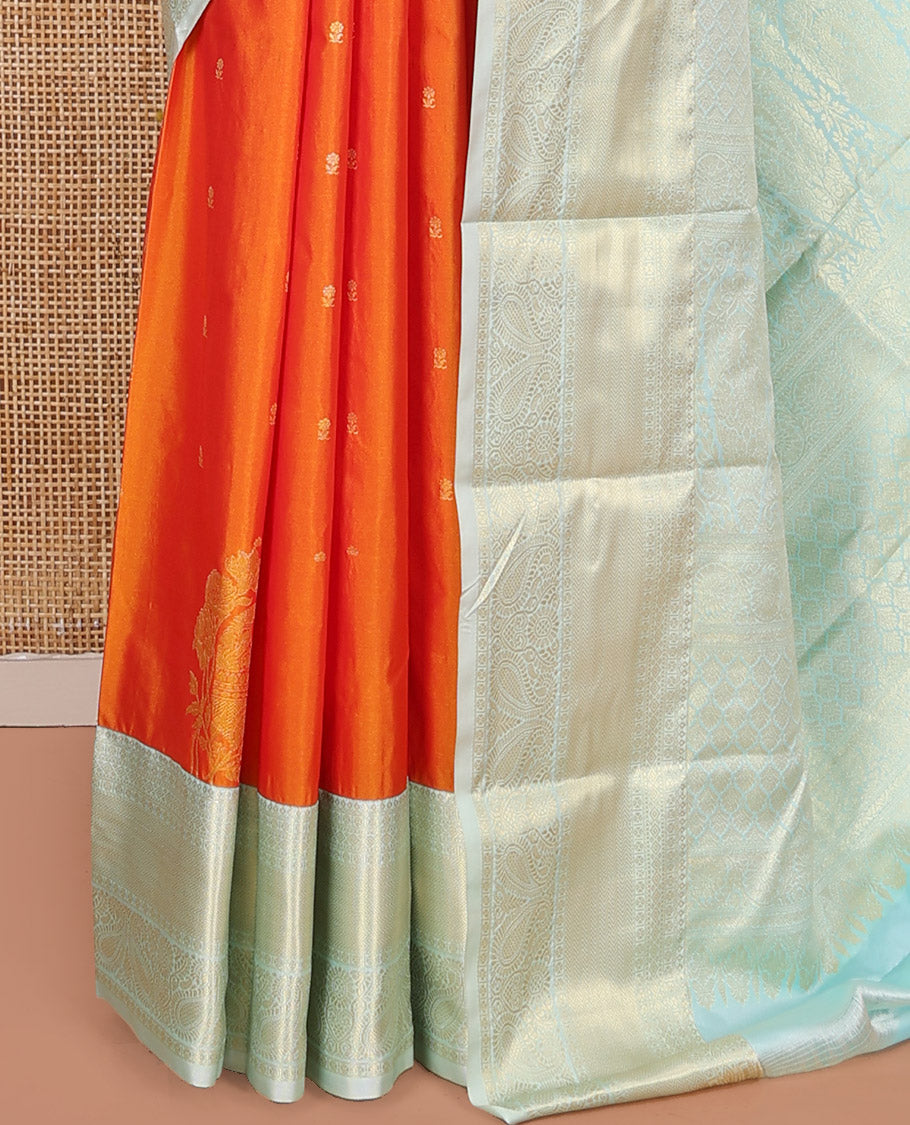 Orange Budget Silk Saree, Gracefully Embellished with Zari Buttas on Its Body, Complemented by a Contrast Traditional Zari Design Border, Intricately Designed Pallu, and Paired with a Contrast Blouse