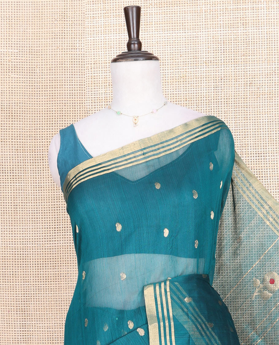 Blue Chanderi Cotton Saree, Woven with Paisley Buttas All Over Its Body, Highlighted by a Zari Border, Pallu Steeped with Zari Stripes and Buttas, and Paired with a Matching Blouse