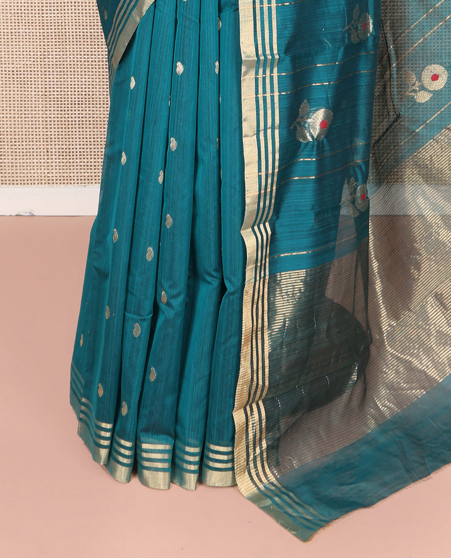 Blue Chanderi Cotton Saree, Woven with Paisley Buttas All Over Its Body, Highlighted by a Zari Border, Pallu Steeped with Zari Stripes and Buttas, and Paired with a Matching Blouse